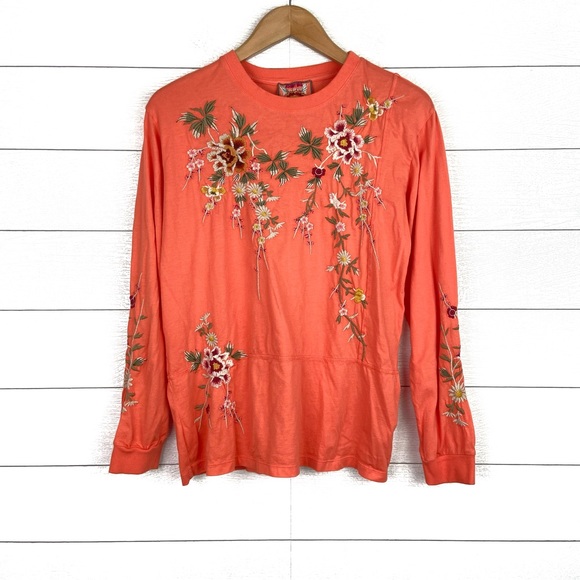 Johnny Was Tops - Johnny Was Floral Embroidered Long Sleeve Top Cotton Orange Small